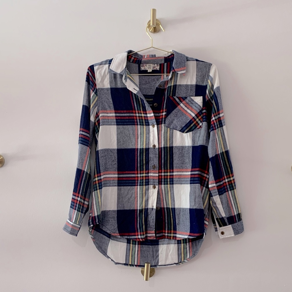 Blue Red Plaid Flannel Button Up Shirt